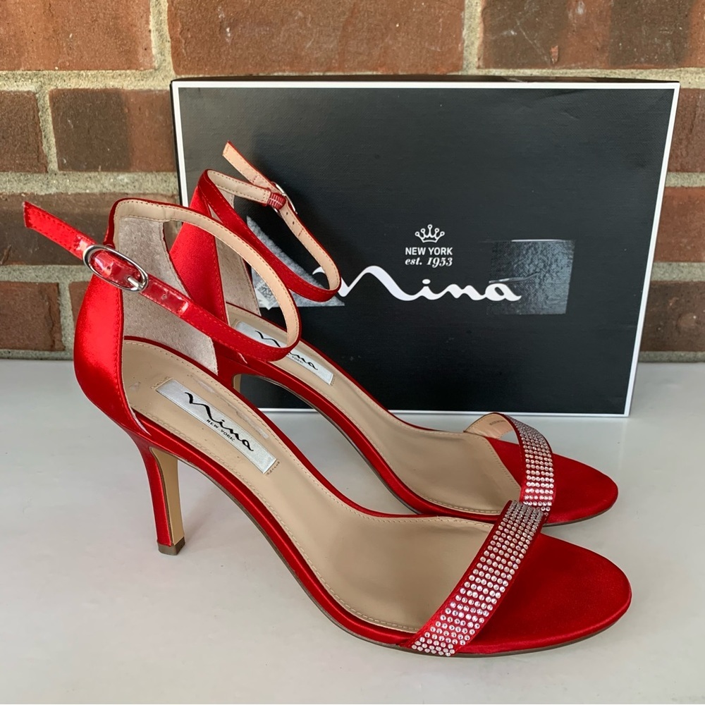Nina Womens Veniza Red High Heel Jeweled Sandals Ankle Strap US 9.5 M